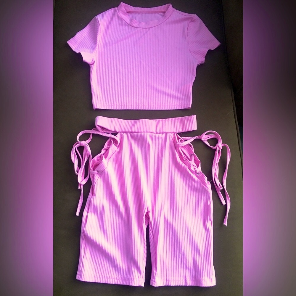 SHEIN Sexy Pink Rib Knit 2 Piece Set Crop Top Lace Up Cut Out Shorts Small S